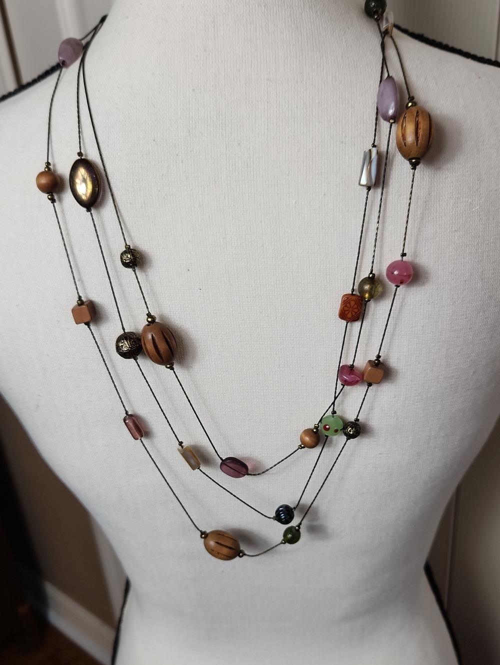 Lia Sophia Multi-Strand Beaded Necklace in Pink, Brown, Green and Gold